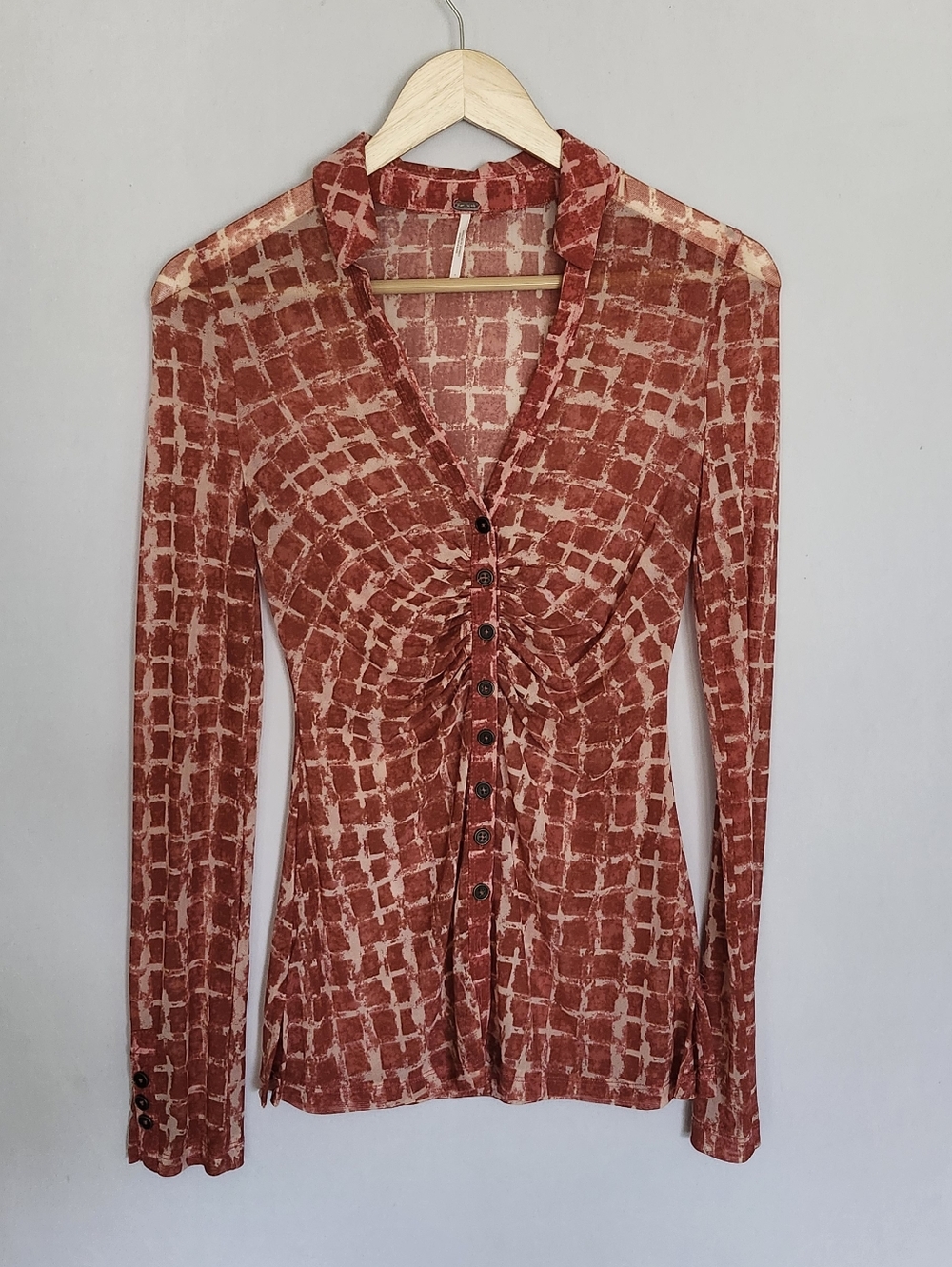 Free People Brick Red Sheer Blouse Size XS